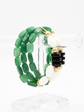 Vintage Extra Wide 3 Strand Egyptian Jade Lucite Beads Engraved Bracelet